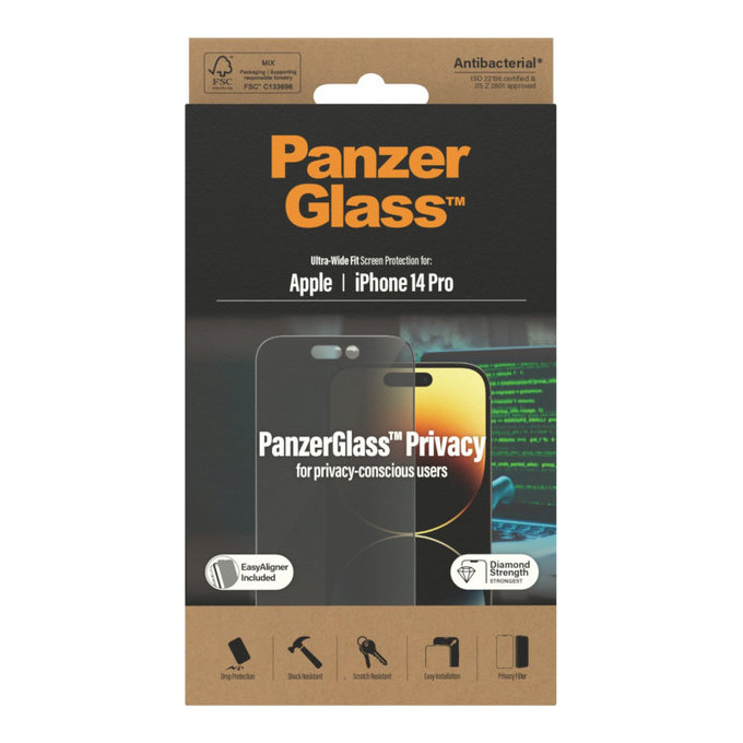Tvrzené sklo UWF Privacy AB s aplikátorem pro iPhone 14 Pro, Černá, PanzerGlass