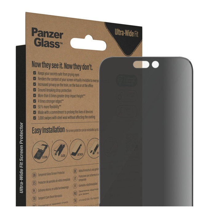 Tvrzené sklo UWF Privacy AB s aplikátorem pro iPhone 14 Pro Max, Černá, PanzerGlass