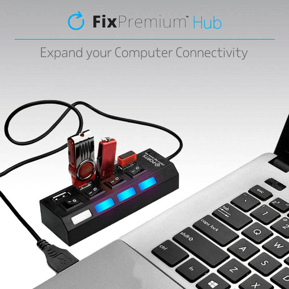 FixPremium - USB Hub s Vypínačem pro 7 USB, černá