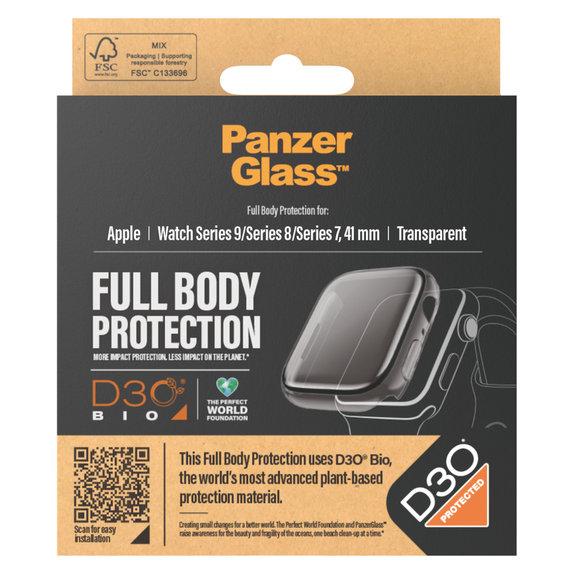 Tvrzené sklo Full Body D3O pro Apple Watch 9/8/7 41 mm, Transparentní, PanzerGlass