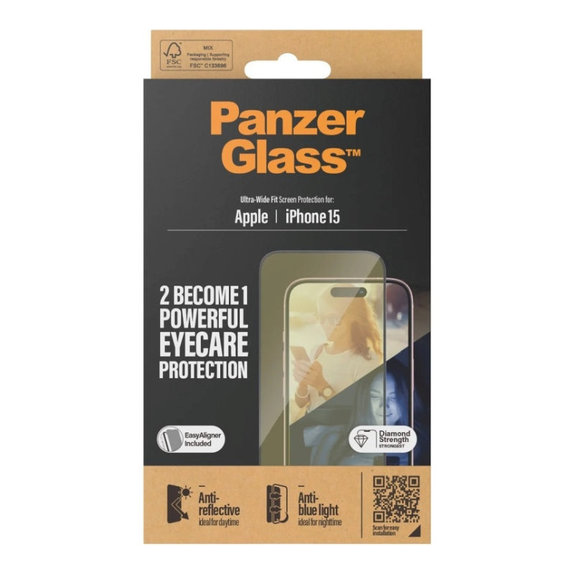 Tvrzené sklo UWF Eyecare s aplikátorem pro iPhone 15, Černá, PanzerGlass