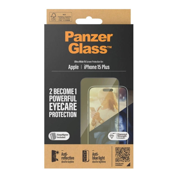 Tvrzené sklo UWF Eyecare s aplikátorem pro iPhone 15 Plus, Černá, PanzerGlass