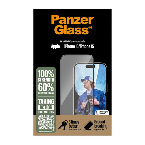 Tvrzené sklo UWF s aplikátorem pro iPhone 16/15, Černá, PanzerGlass