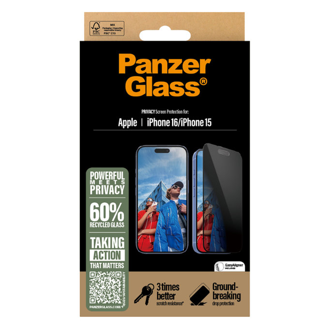 Tvrzené sklo UWF Privacy s aplikátorem pro iPhone 16/15, Černá, PanzerGlass