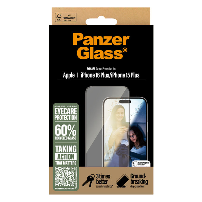 Tvrzené sklo UWF Eyecare s aplikátorem pro iPhone 16 Plus/15 Plus, Černá, PanzerGlass