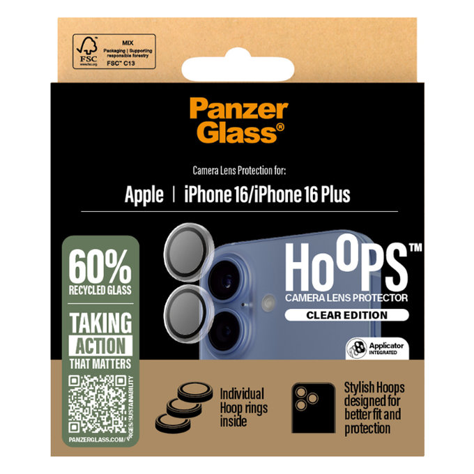 PanzerGlass - Ochranný Kryt Objektivu Fotoaparátu Hoops pro iPhone 16 a 16 Plus, transparentní