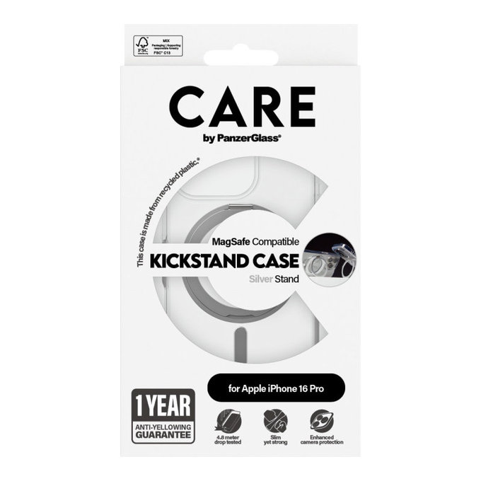 Pouzdro Kickstand s MagSafe pro iPhone 16 Pro, Stříbrná, CARE