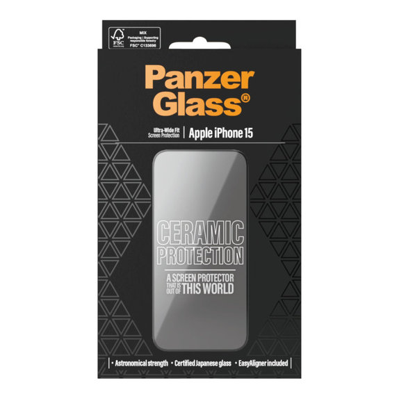 Tvrzené sklo UWF Ceramic s aplikátorem pro iPhone 15, Černá, PanzerGlass