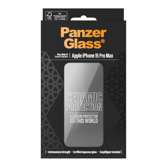 Tvrzené sklo UWF Ceramic s aplikátorem pro iPhone 15 Pro Max, Černá, PanzerGlass