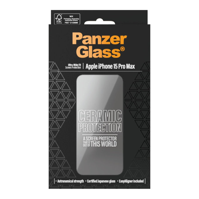 Tvrzené sklo UWF Ceramic s aplikátorem pro iPhone 15 Pro Max, Černá, PanzerGlass