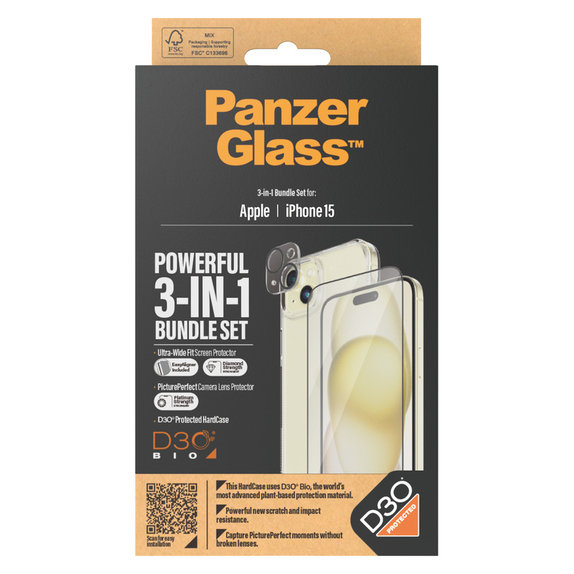 Bundle PicturePerfect + Tvrzené sklo UWF + Hard Case D3O pro iPhone 15, PanzerGlass