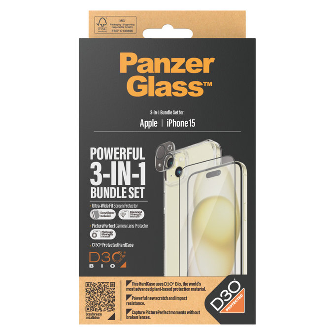 Bundle PicturePerfect + Tvrzené sklo UWF + Hard Case D3O pro iPhone 15, PanzerGlass