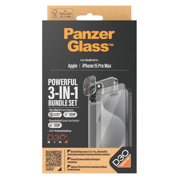 Bundle PicturePerfect + Tvrzené sklo UWF + Hard Case D3O pro iPhone 15 Pro Max, PanzerGlass