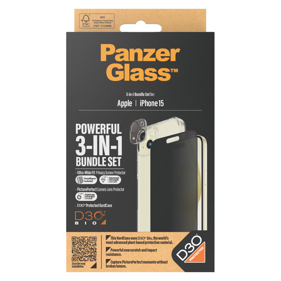 Bundle PicturePerfect + Tvrzené sklo UWF Privacy + Hard Case D3O pro iPhone 15, PanzerGlass