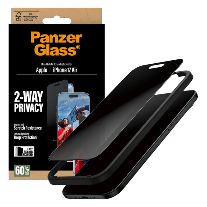 Tvrzené sklo UWF 2-Way Privacy s aplikátorem pro iPhone Air, Černá, PanzerGlass