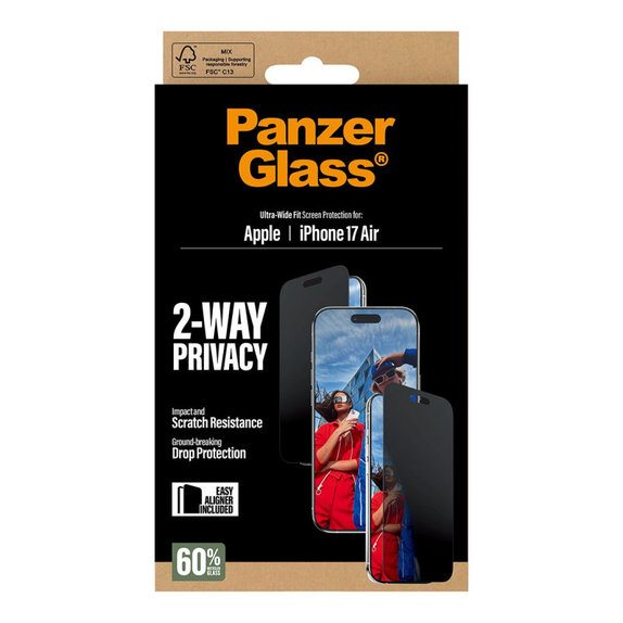 Tvrzené sklo UWF 2-Way Privacy s aplikátorem pro iPhone Air, Černá, PanzerGlass