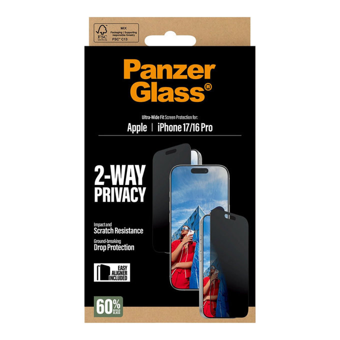 Tvrzené sklo UWF 2-Way Privacy s Fastfit pro iPhone 17/16 Pro, Černá, PanzerGlass