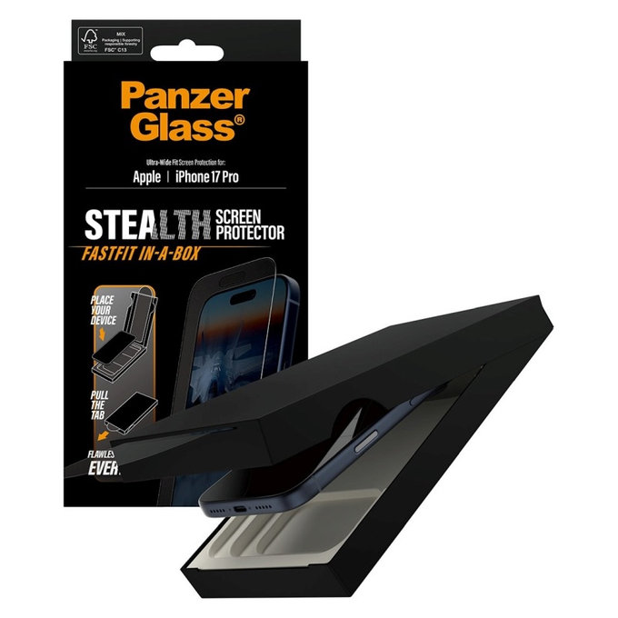 Tvrzené sklo UWF Stealth s Fastfit pro iPhone 17 Pro, Černá, PanzerGlass