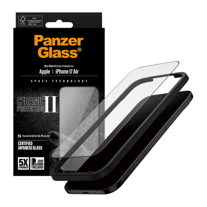 Tvrzené sklo UWF Ceramic II s aplikátorem pro iPhone Air, Černá, PanzerGlass