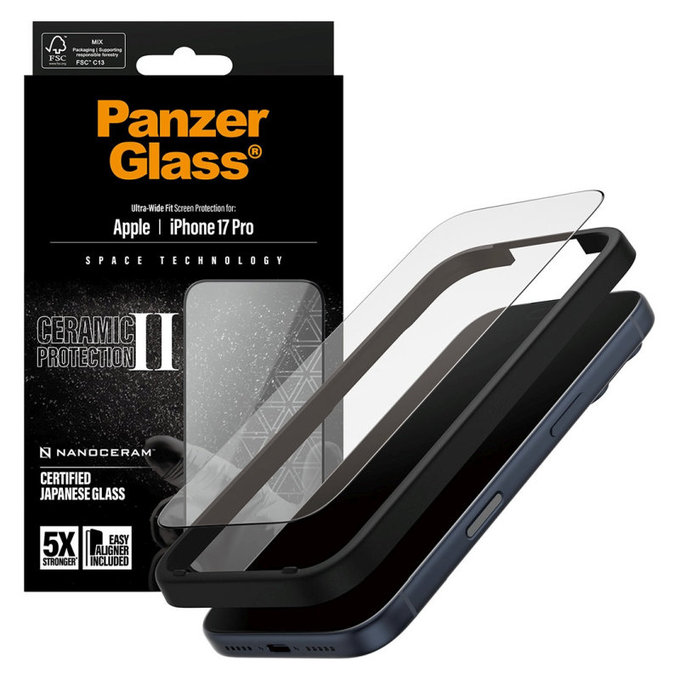 Tvrzené sklo UWF Ceramic II s aplikátorem pro iPhone 17 Pro, Černá, PanzerGlass