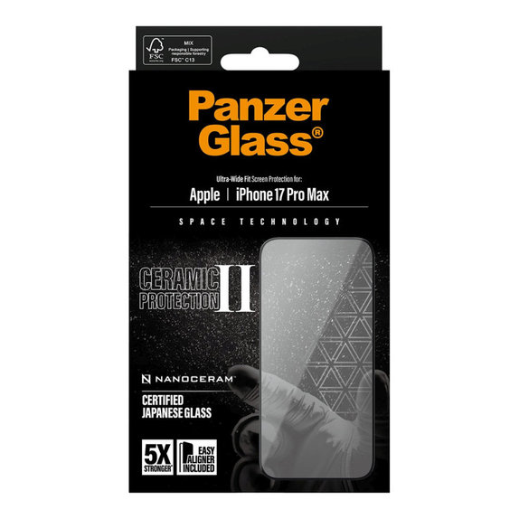 Tvrzené sklo UWF Ceramic II s aplikátorem pro iPhone 17 Pro Max, Černá, PanzerGlass