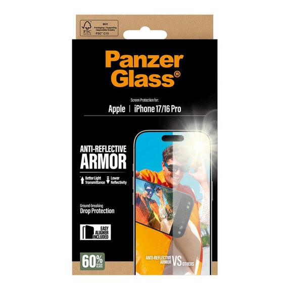 Tvrzené sklo Anti-Reflective s aplikátorem pro iPhone 17/16 Pro, Černá, PanzerGlass