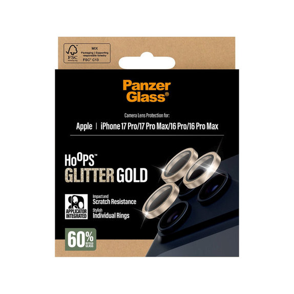 Ochranný kryt objektivu Hoops pro iPhone 17 Pro Max/17 Pro/16 Pro Max/16 Pro, Glitter Gold, PanzerGlass