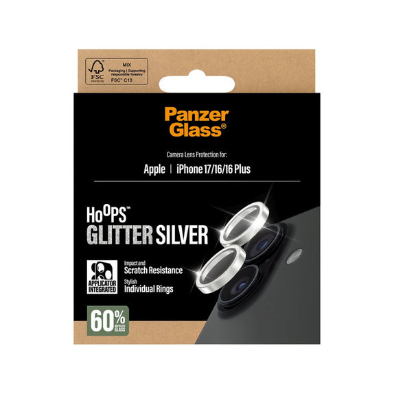 Ochranný kryt objektivu Hoops pro iPhone 17/16 Plus/16, Glitter Silver, PanzerGlass