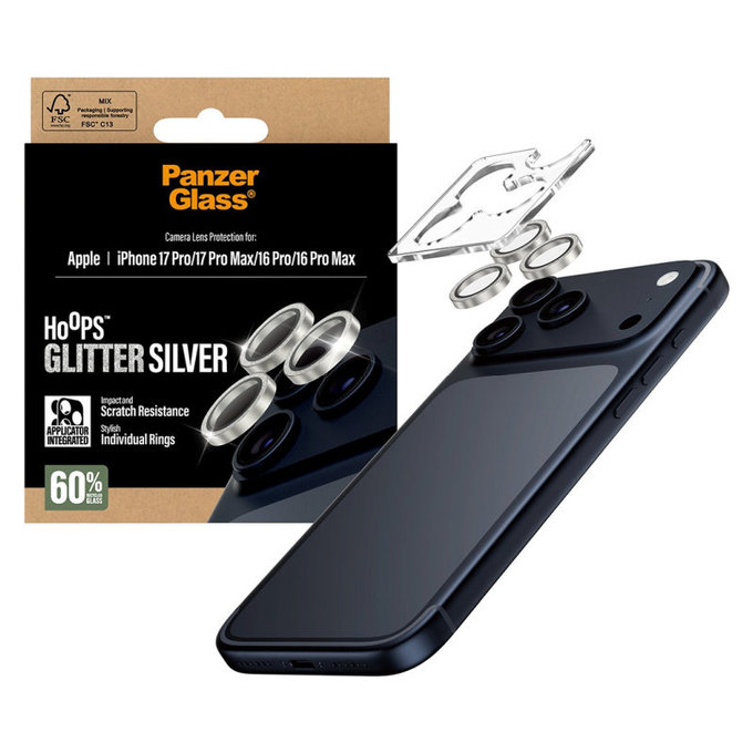 Ochranný kryt objektivu Hoops pro iPhone 17 Pro Max/17 Pro/16 Pro Max/16 Pro, Glitter Silver, PanzerGlass