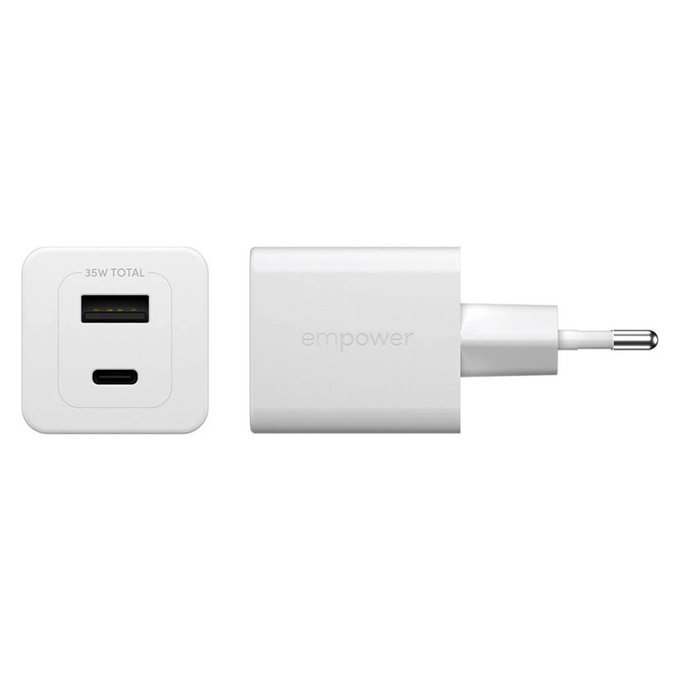 Cestovní adaptér Grand Prix USB-C/USB-A, GaN, 35 W PD, stříbrnobílý, empower