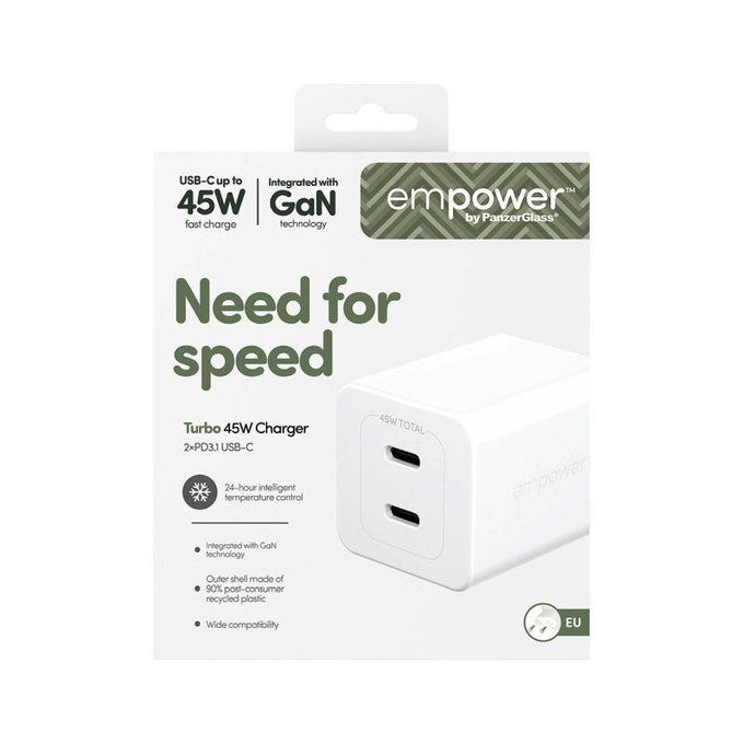 Cestovní adaptér Grand Prix 2x USB-C, GaN, 45 W PD, Stříbrnobílá, empower