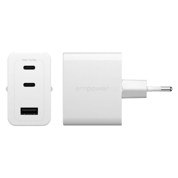 Cestovní adaptér Grand Prix 2x USB-C/USB-A, GaN, 70 W PD, Stříbrnobílá, empower