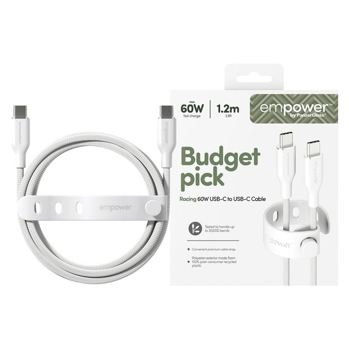 Kabel USB-C, 60 W, Racing, 1,2 m, stříbrnobílý, empower