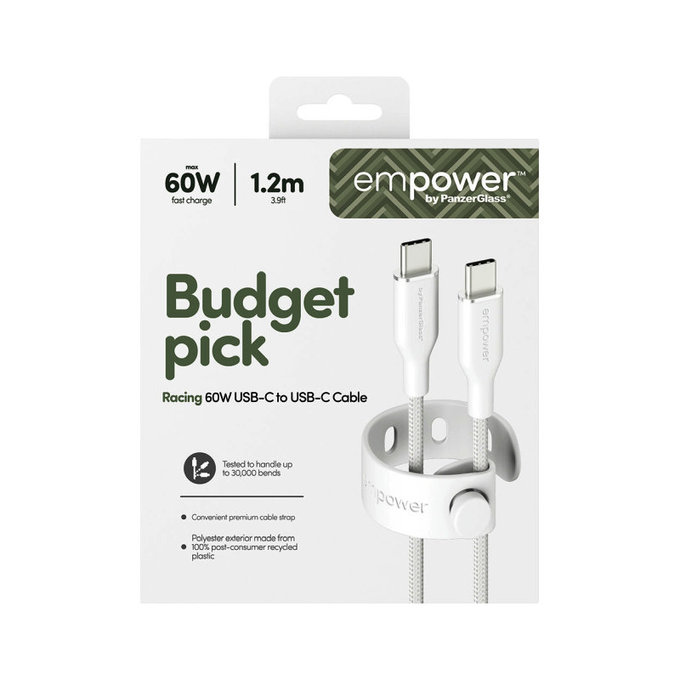 Kabel USB-C, 60 W, Racing, 1,2 m, stříbrnobílý, empower