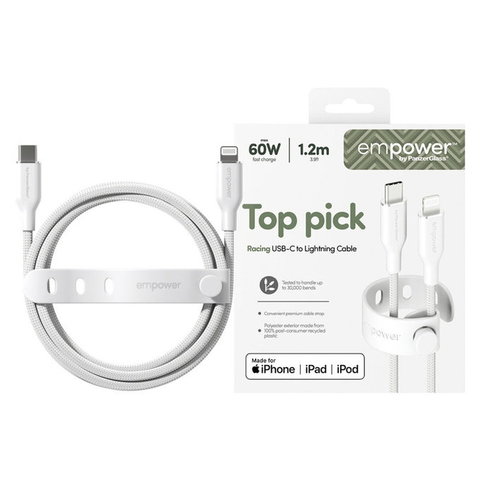 Kabel USB-C/Lightning, 60 W, Racing, 1, 2 m, Stříbrnobílá, empower