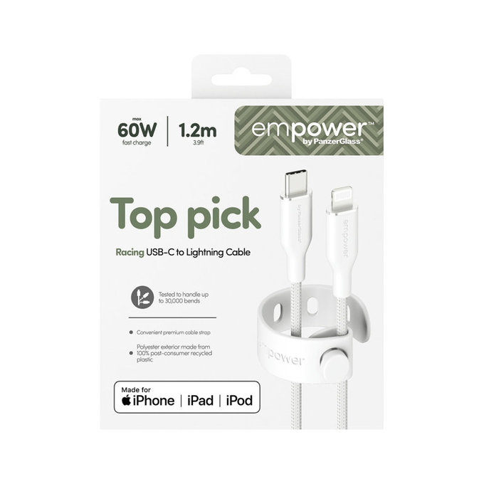 Kabel USB-C/Lightning, 60 W, Racing, 1, 2 m, Stříbrnobílá, empower