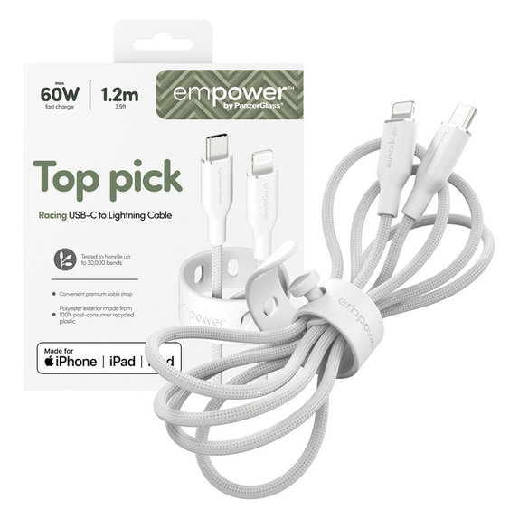 Kabel USB-C/Lightning, 60 W, Racing, 1, 2 m, Stříbrnobílá, empower