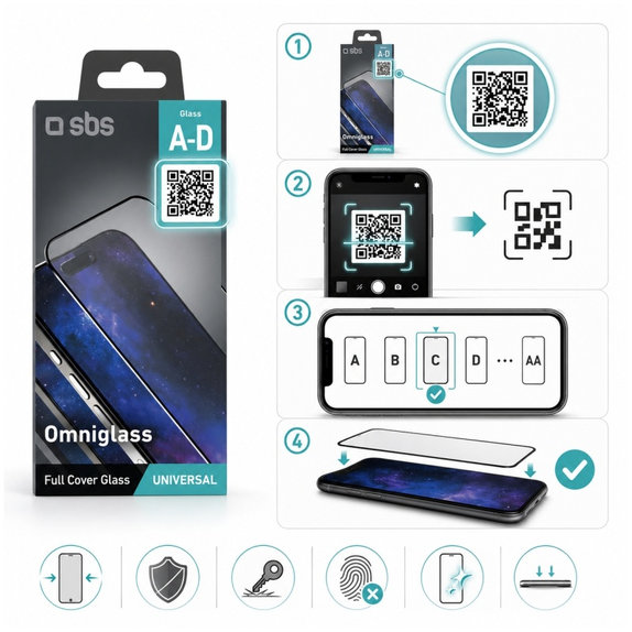 Univerzální tvrzené sklo Omniglass J, Černá, SBS