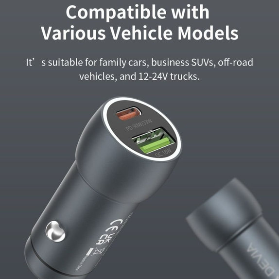 Autonabíječka Extreme Speed USB-C + USB-A, PD 30W, QC 3.0 18W, šedá, Devia