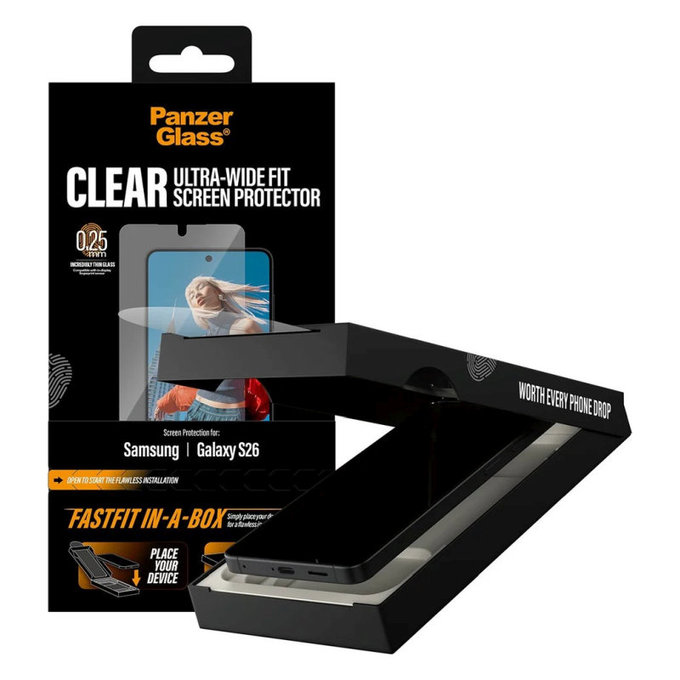 Tvrzené sklo UWF s FASTFIT In-A-Box pro Samsung S26, Transparentní, PanzerGlass