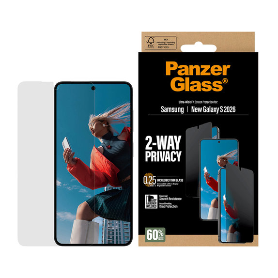 PanzerGlass - Tvrzené sklo UWF 2-Way Privacy s aplikátorem pro Samsung Galaxy S26, čiré