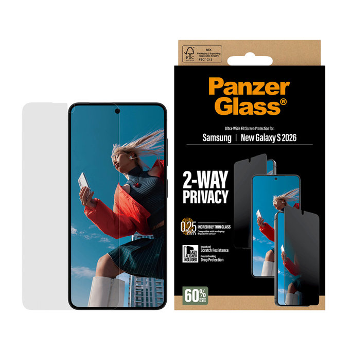 PanzerGlass - Tvrzené sklo UWF 2-Way Privacy s aplikátorem pro Samsung Galaxy S26, čiré