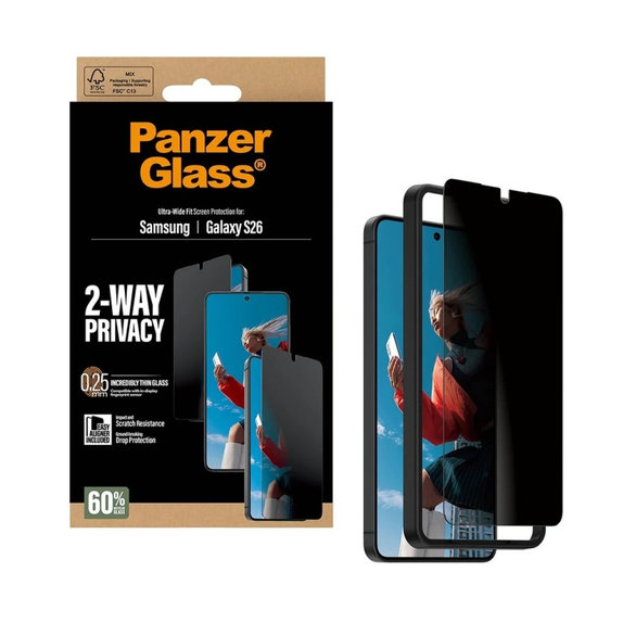 PanzerGlass - Tvrzené sklo UWF 2-Way Privacy s aplikátorem pro Samsung Galaxy S26, čiré