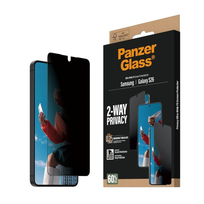 PanzerGlass - Tvrzené sklo UWF 2-Way Privacy s aplikátorem pro Samsung Galaxy S26, čiré