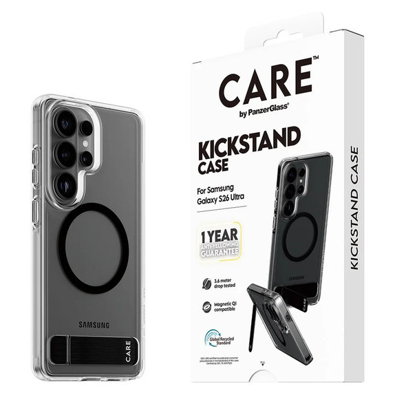Pouzdro Kickstand s černým QI pro Samsung Galaxy S26 Ultra, Transparentní, PanzerGlass