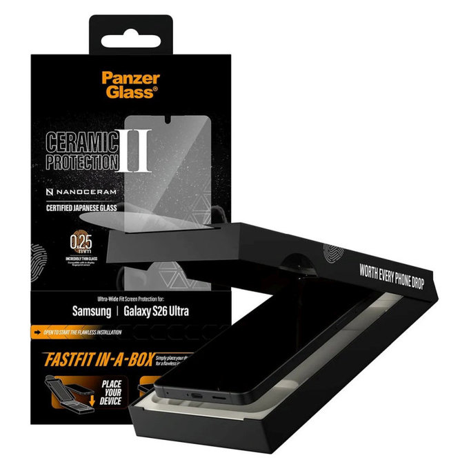 Tvrzené sklo UWF Ceramic s FASTFIT In-A-Box pro Samsung S26 Ultra, Transparentní, PanzerGlass