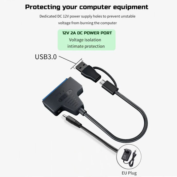 USB 3.0 / USB-C na SATA adaptér pro 2.5" a 3.5" HDD/SSD, s napájecím zdrojem