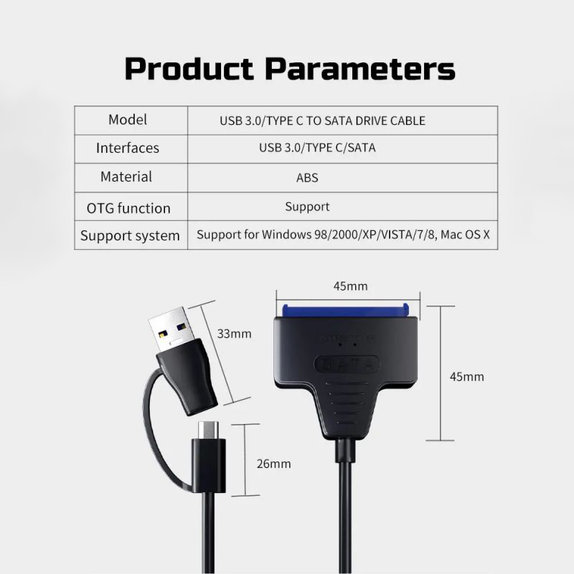 USB 3.0 / USB-C na SATA adaptér pro 2.5" a 3.5" HDD/SSD, s napájecím zdrojem