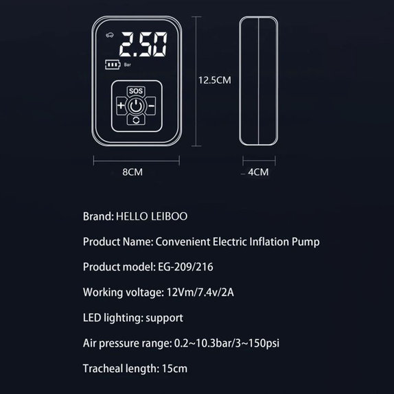 Bezdrátový kompresor na pneumatiky s digitálním displejem, 150 PSI, černý