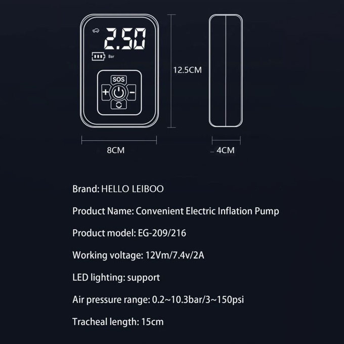 Bezdrátový kompresor na pneumatiky s digitálním displejem, 150 PSI, černý
